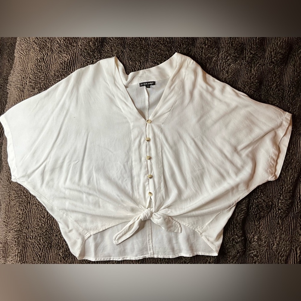 White Tie Front Crop Top with Mandarin Collar